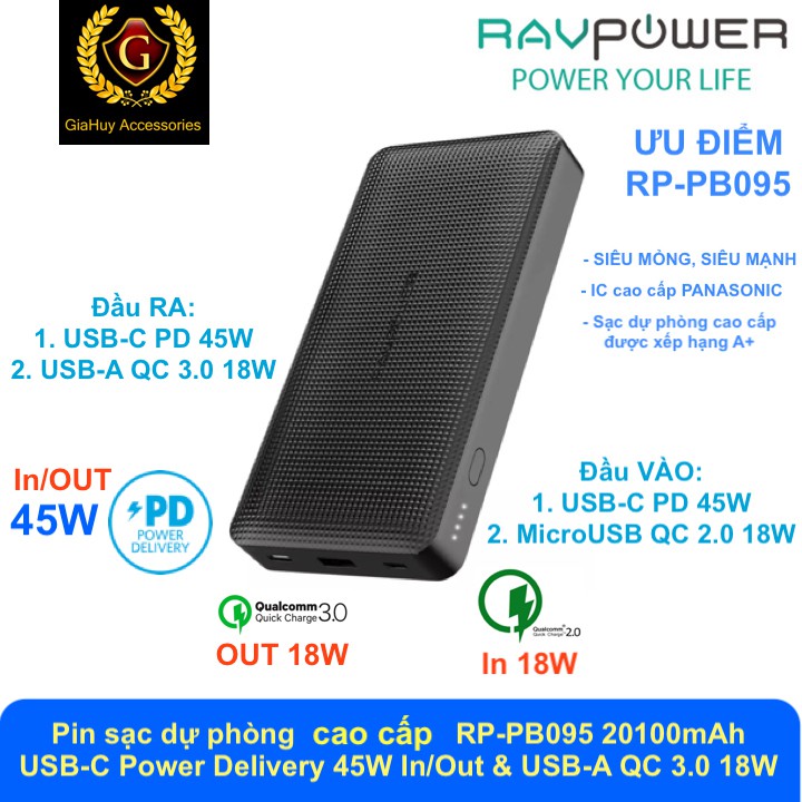 Pin sạc dự phòng Macbook Air, iPad Pro, iPhone 13 Series RAVPOWER RP-PB095 20100mAh PD 45W &amp; QC 3.0 18W