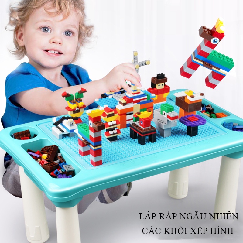 Bàn xếp hình lego đa năng 300 chi tiết, bàn xếp hình, lego xếp hình, đồ chơi trẻ em, có ngăn cất đồ tiện dụng cho bé