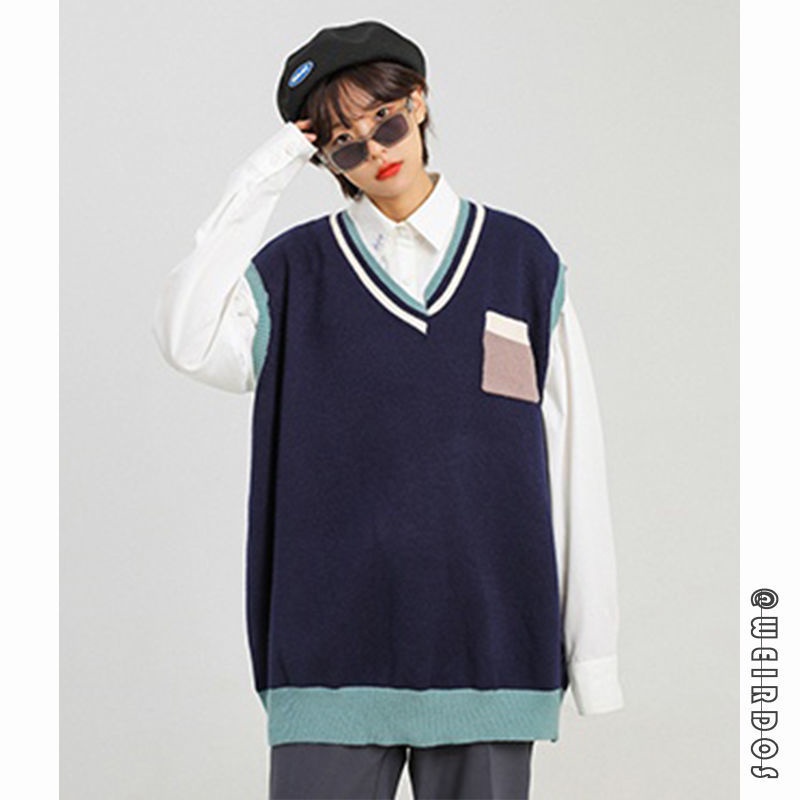 Áo len không tay phối màu tương phản phong cách vintage Nhật Bản