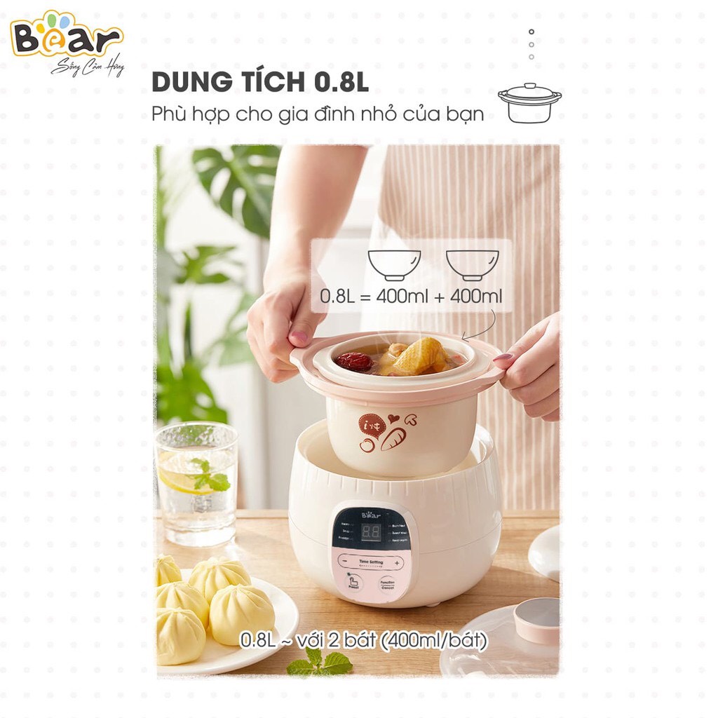 NỒI NẤU CHÁO, HẤP CÁCH THỦY, NINH, HẦM,0.8L, Nồi Nấu Chậm Đa Năng 2 Tầng BEAR, sử dụng gốm sứ cao cấp - LB910211