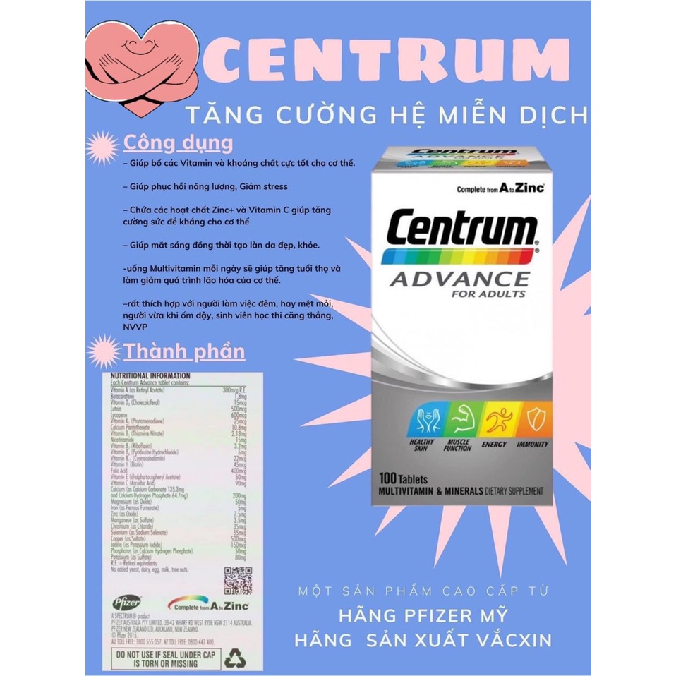 Vitamin tổng hợp Centrum Advance Úc hộp 100 viên cho người lớn