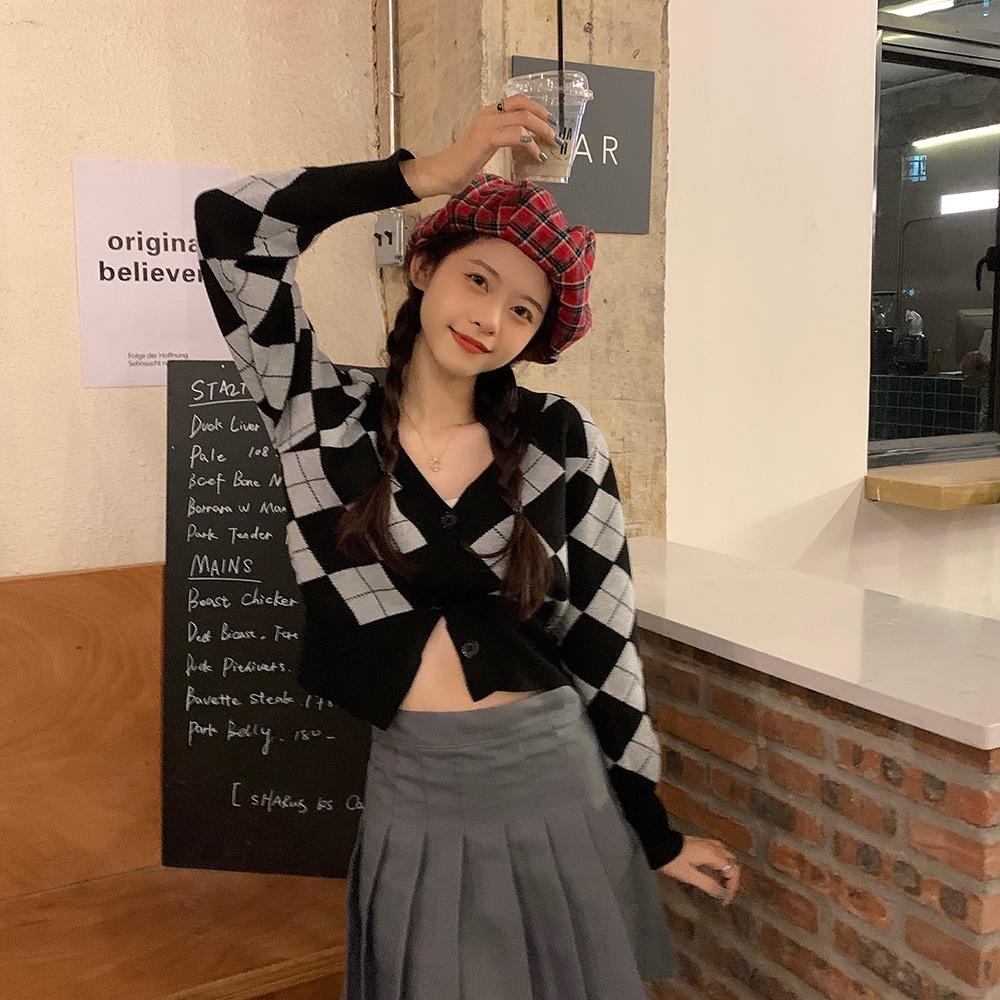 SUXI Áo Khoác Cardigan Dệt Kim Tay Dài Cổ Chữ V Kẻ Sọc Ca Rô Dáng Ôm Thời Trang Mùa Thu Cho Nữ