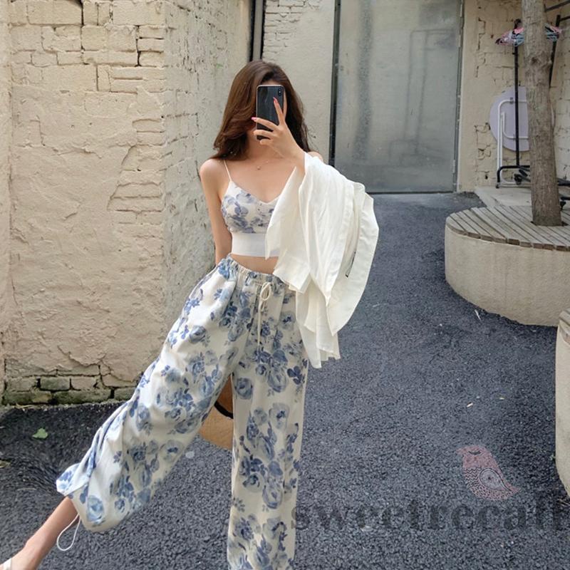Set áo hai dây cổ chữ v + quần dài lưng thun họa tiết hoa thời trang cho nữ