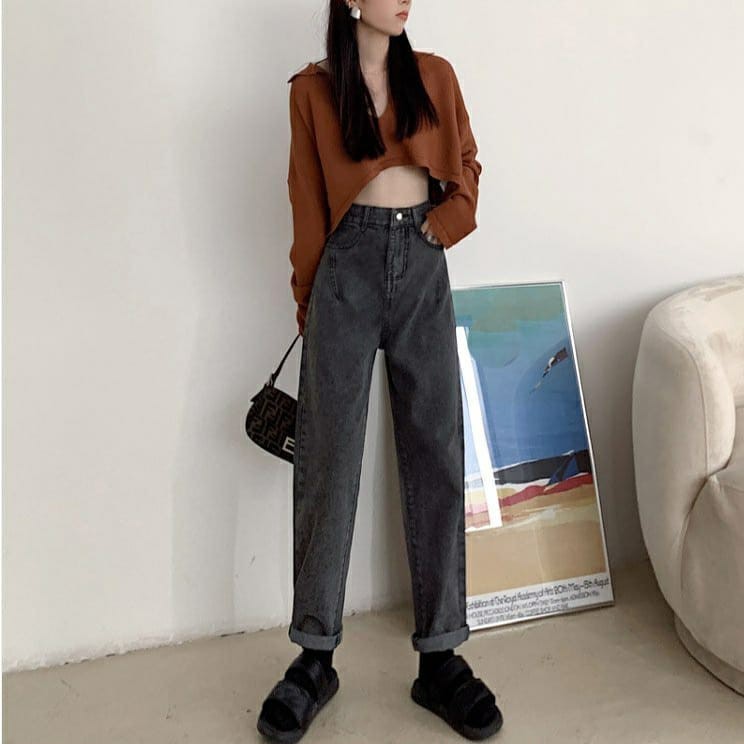 QUẦN BAGGY JEAN NỮ LƯNG CAO MÀU XÁM LAI CUỐN CAO CẤP UTI ĐỦ SIZE S, M, L SIÊU TÔN DÁNG, FORM SIÊU CHUẨN