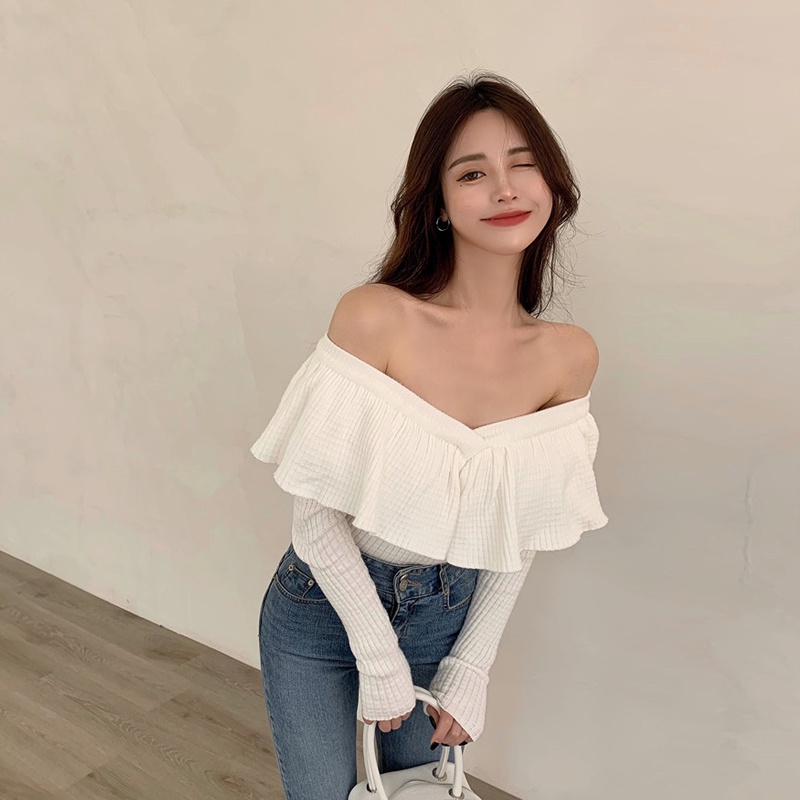 Áo len trễ vai nữ dễ thương, áo trễ vai nữ hot girl sang chảnh hàng quảng châu A1249 có video ảnh thật