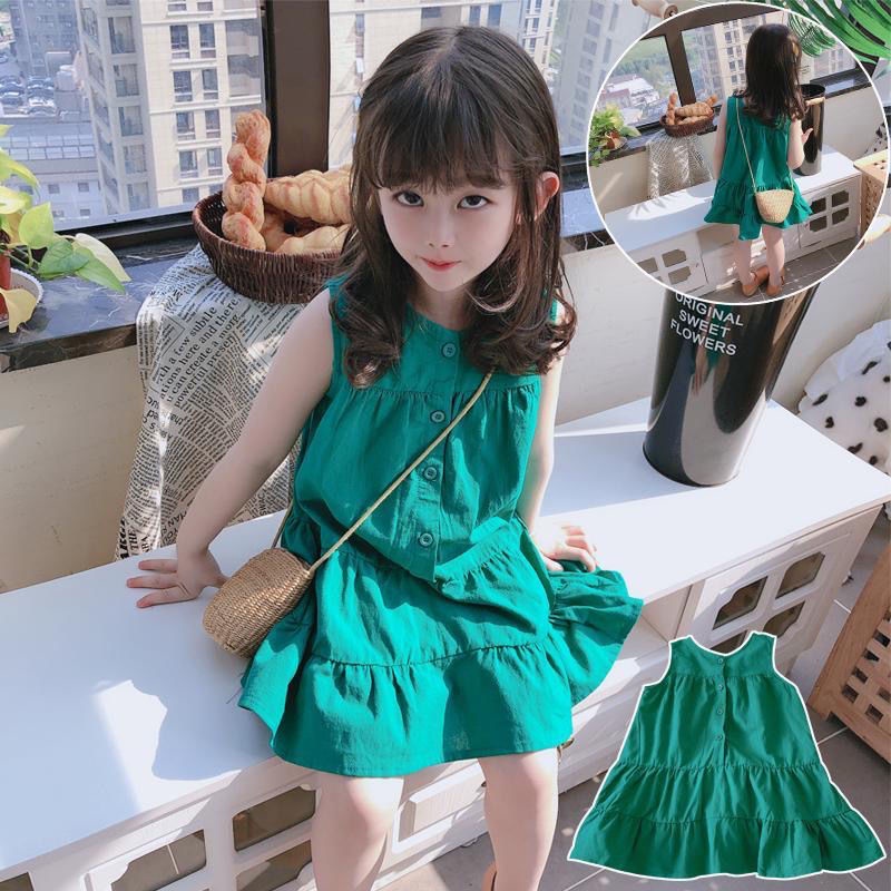 Đầm Sát Nách Dáng Rộng Màu Trơn Phối Nút Thời Trang Mùa Hè Hàng Mới Cho Bé Gái
