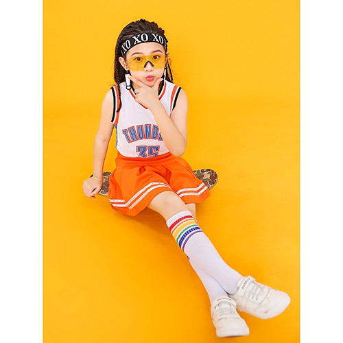 Quần áo nhảy hip hop trẻ em - Set chân váy cam phối áo crop sát nách ZB35
