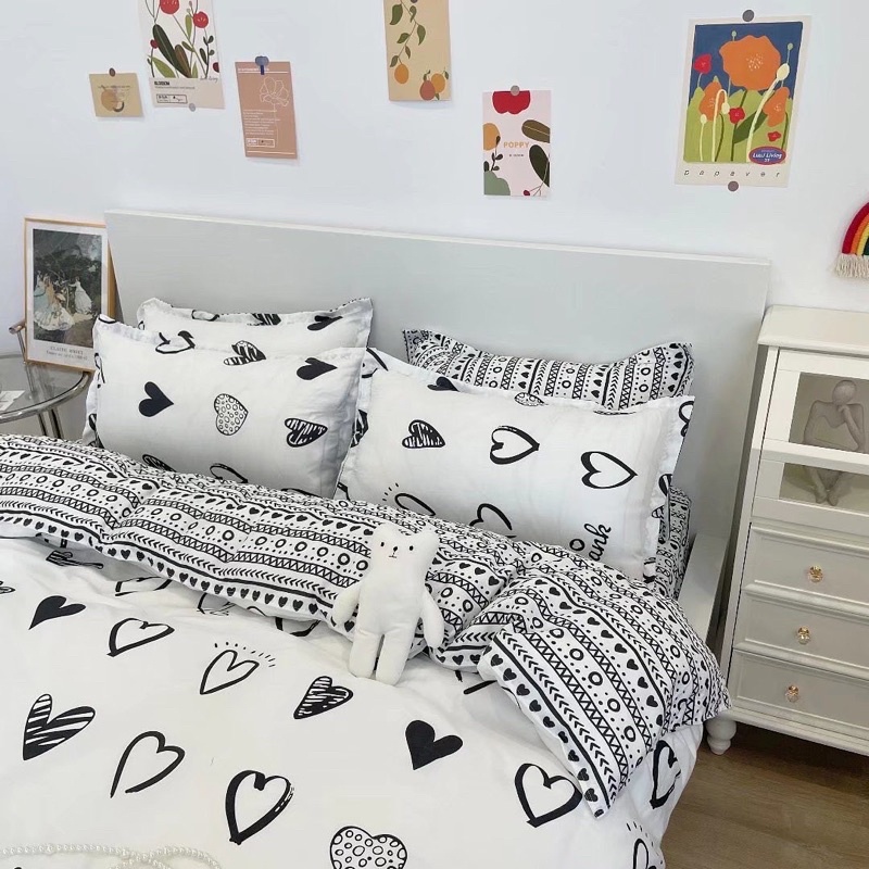 Set Bộ Vỏ Cotton Poly Tim Trắng Ghi, Chất Vải Đanh Mát _shinbedding