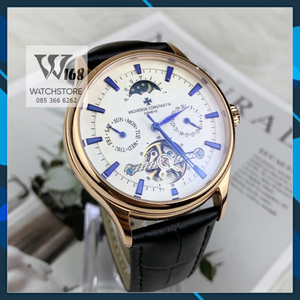 Đồng hồ Nam Vacheron máy nhật, mẫu 5 kim xanh thanh ngang lộ cơ , mặt trắng viền vàng, dòng cơ Automatic Size 40-41mm ,