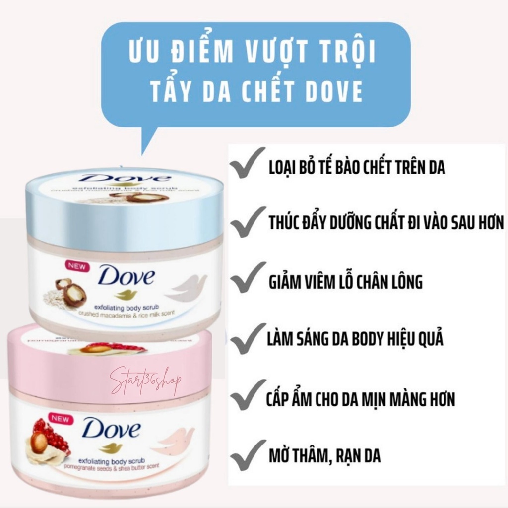Tẩy tế bào chết body Start36 tẩy da chết Dove da body trắng sáng, mịn màng, giảm mụn, bản Đức 225ml