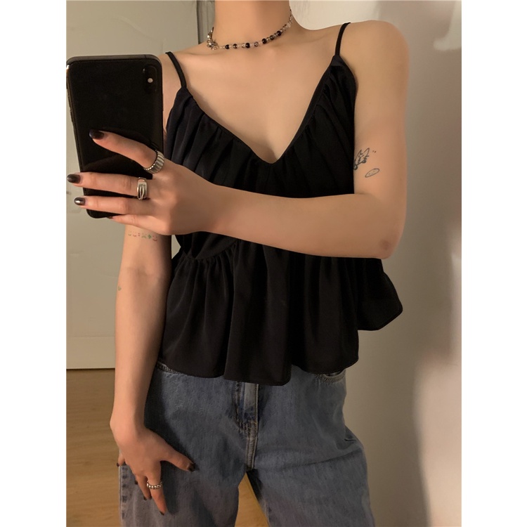 Áo Hai Dây Cổ Chữ V Dáng Rộng Xếp Ly Quyến Rũ Dễ Phối Đồ Phong Cách Hàn Quốc