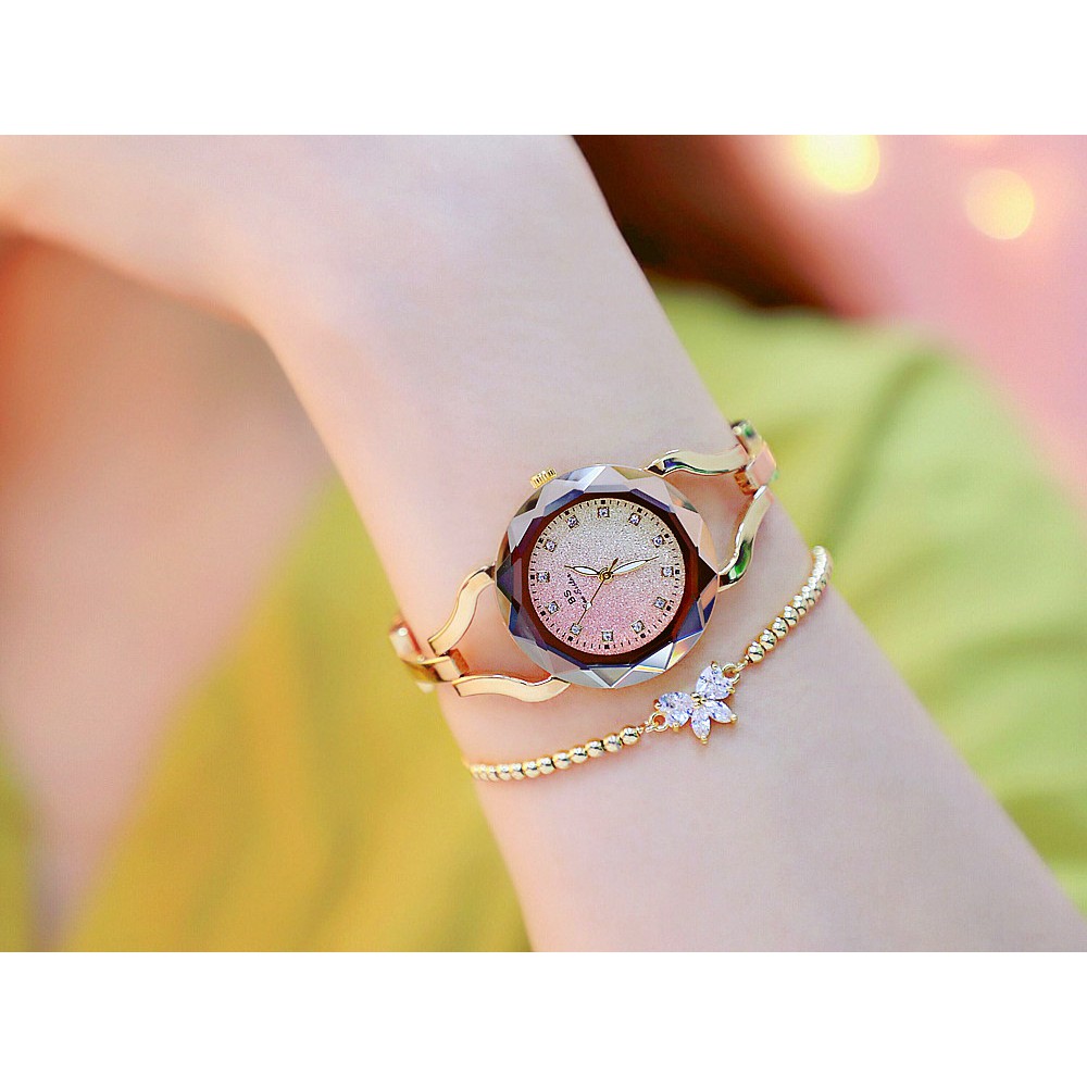 Đồng hồ nữ Bee Sister Bs mặt tròn, mặt cắt kim cương, dây thép không gỉ