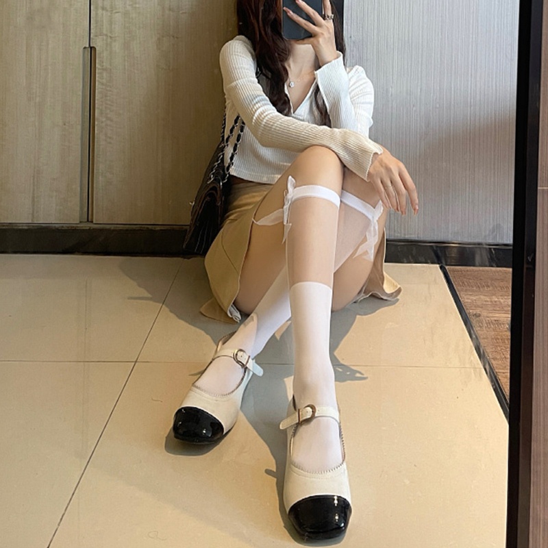 Youyo Vớ Lưới Cao Tới Đầu Gối Phối Ruy Băng Kẻ Sọc Kiểu Lolita Ngọt Ngào Cho Nữ