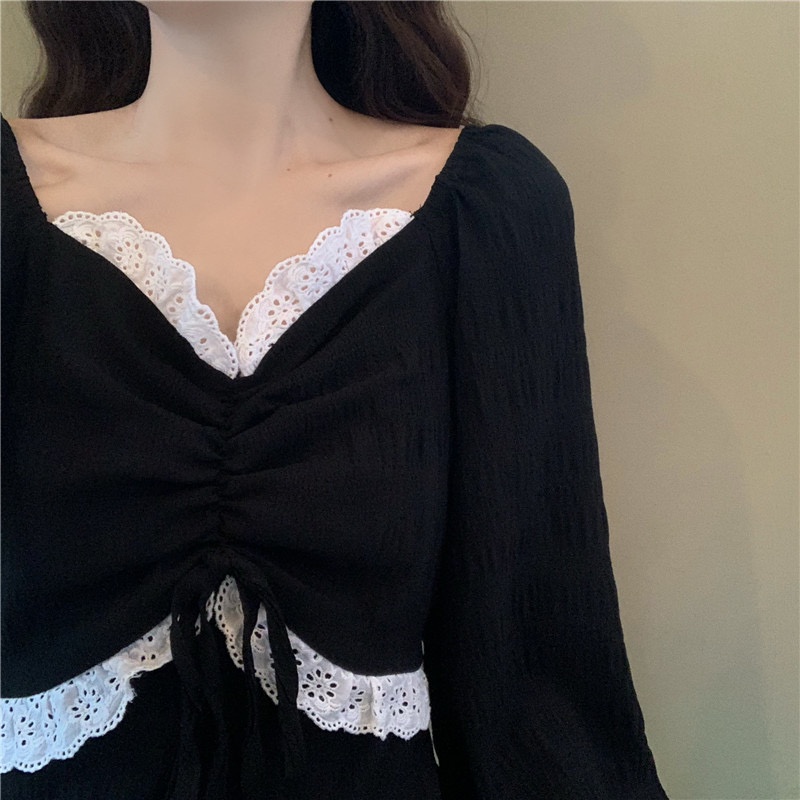 Đầm Nữ Phối Ren Dáng Ôm Phong Cách Retro Hàn Quốc Dễ Thương
