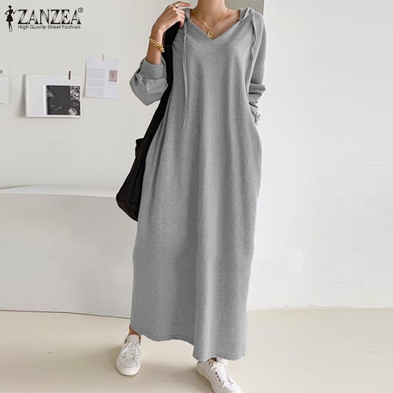 Váy hoodie ZANZEA tay dàimàu trơn thời trang phong cách Hàn Quốc cho nữ