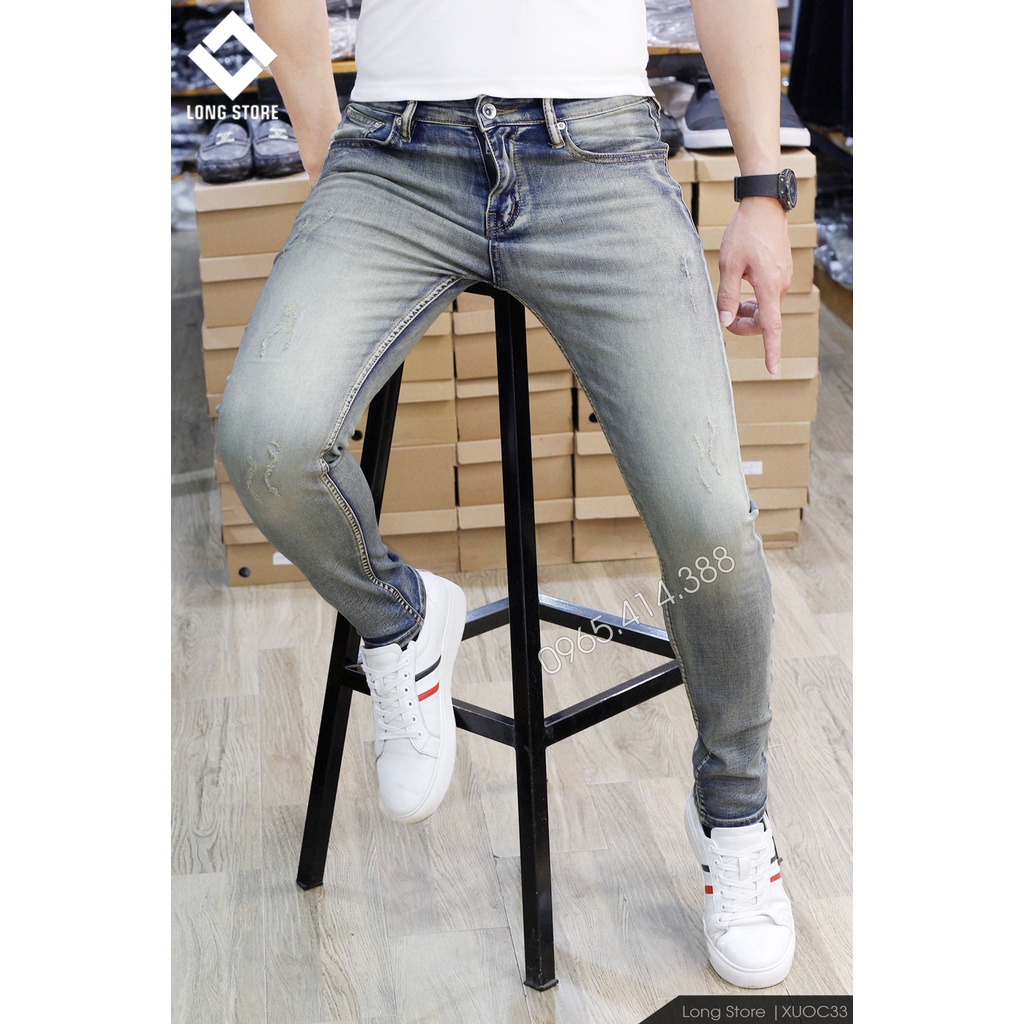 Quần jean nam rách xước cao cấp chất bò co giãn màu xanh nhạt bui ống đứng dáng ôm skinny LONGSTORE Xuoc33 | BigBuy360 - bigbuy360.vn