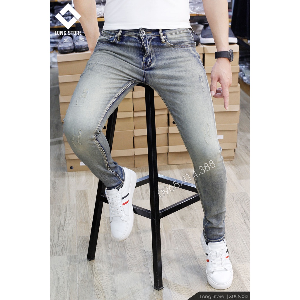 Quần jean nam rách xước cao cấp chất bò co giãn màu xanh nhạt bui ống đứng dáng ôm skinny LONGSTORE Xuoc33