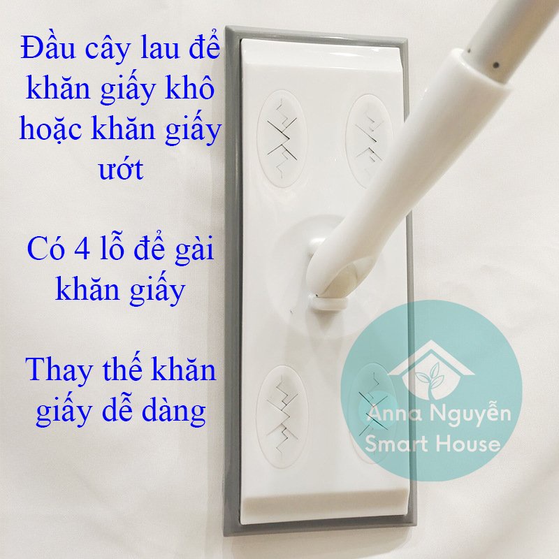 Cây lau sàn dùng khăn giấy khô hoặc khăn giấy ướt sử dụng 1 lần thay thế dễ dàng, tiện lợi