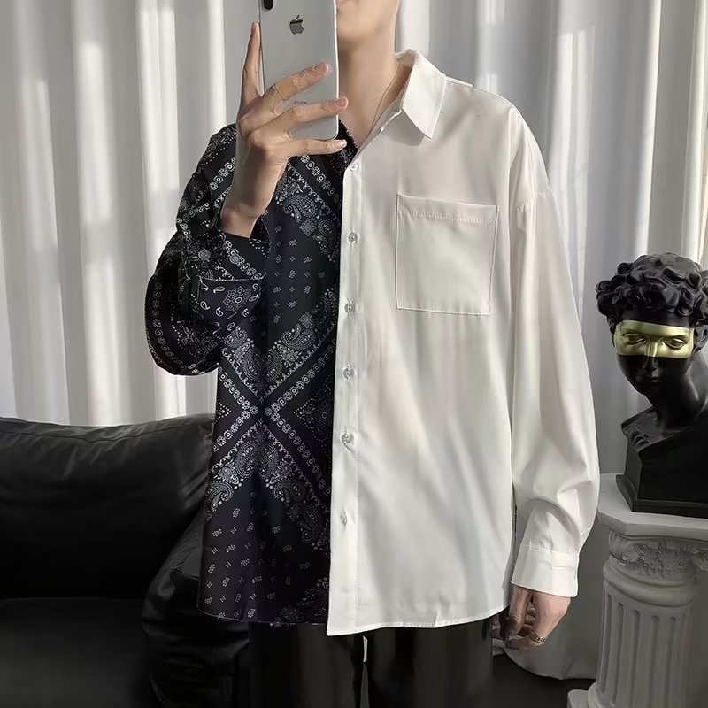 Áo Sơ Mi Tay Dài Dáng Rộng In Họa Tiết Kiểu Retro Nhật Hàn Thời Trang Cho Nam