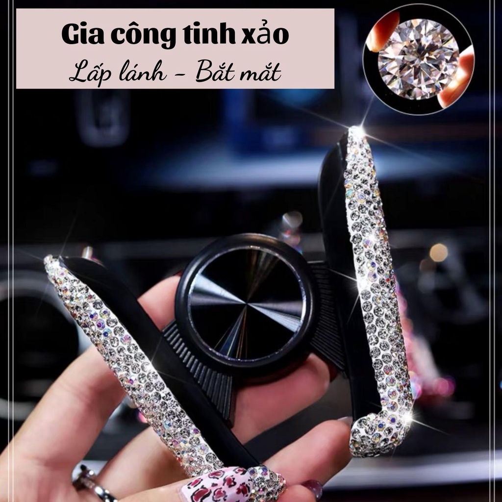 Giá đỡ kẹp điện thoại gắn lỗ cửa điều hòa trên xe ô tô có băng keo 2 mặt, đính đá nhân tạo lấp lánh