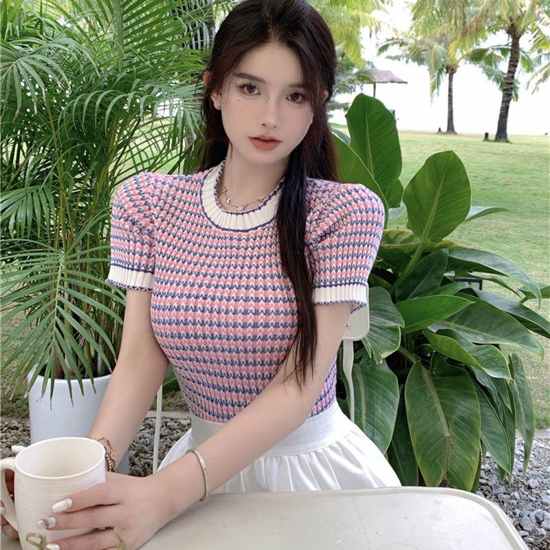 Áo Thun Dệt Kim Tay Ngắn Cổ Tròn Dáng Ôm Thời Trang Sang Trọng