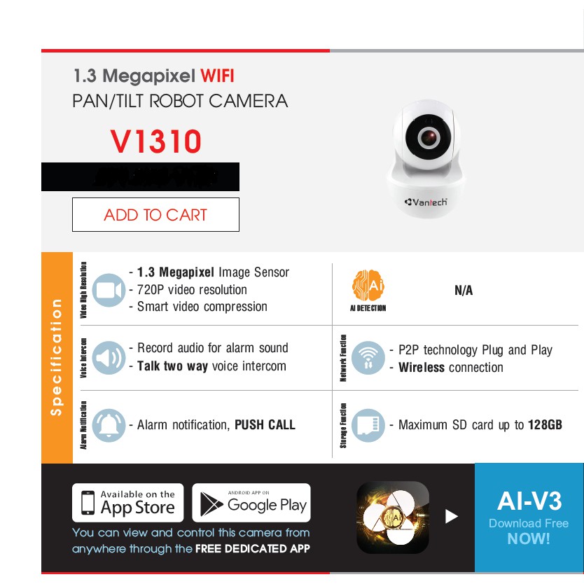 Camera Wifi 1.3MP Vantech V1310 - Hàng Chính Hãng