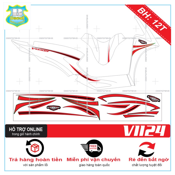 ( Quí khách vui lòng mang ra tiệm cho thợ dán ) Tem VISION 2021 CHỈ TRẮNG ĐỎ 1124 [Bi Decal]