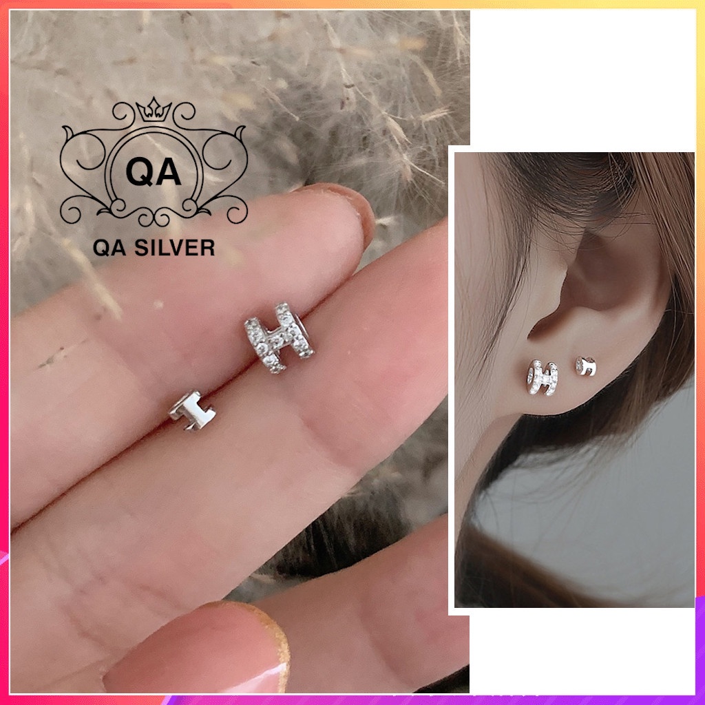 Khuyên tai bạc 925 chữ cái H đính đá bông nam nữ nhỏ S925 LETTER Silver Earrings QA SILVER EA211003