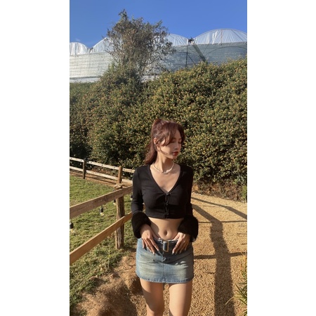 áo croptop thun gân phối lông tay