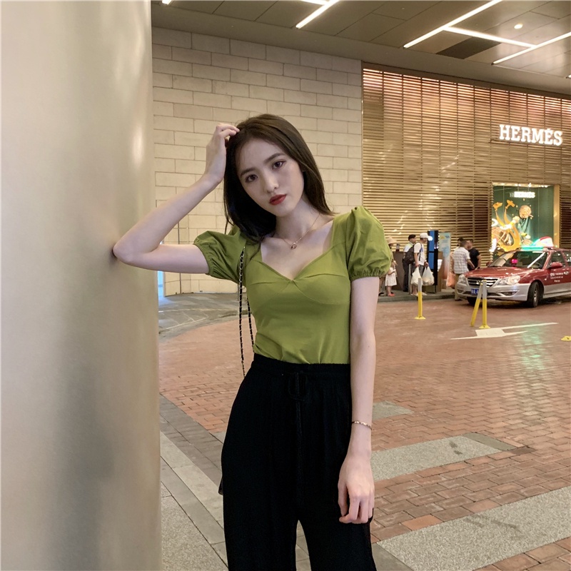 SUXI Set Áo Thun Tay Ngắn Phồng Cổ Chữ V Màu Sắc Đơn Giản + Quần Dài Lưng Cao Ống Rộng Thời Trang Cho Nữ