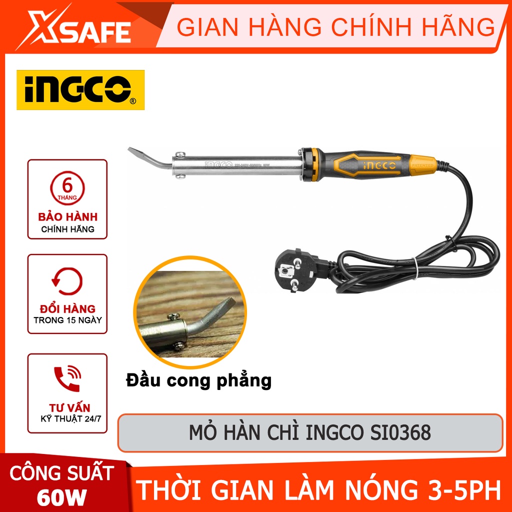 Mỏ hàn chì INGCO SI0368 đầu cong phẳng, công suất đầu vào 60W, thời gian làm nóng 3~5 phút - chính hãng - xsafe