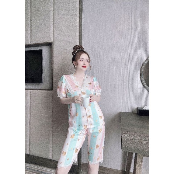Bộ lụa viền ren lửng hoạ tiết siêu xinh