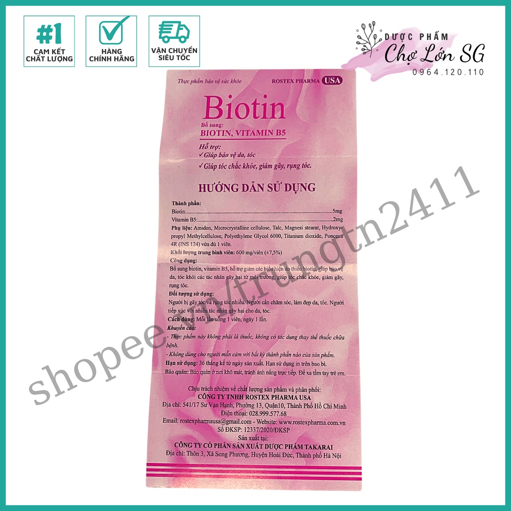 Viên uống bổ sung Biotin giảm rụng tóc, bảo vệ da, chắc móng – chai 60 viên