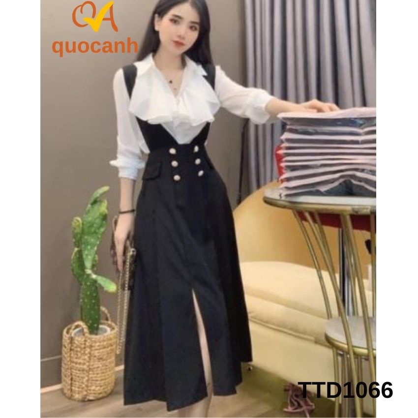 Set đồ nữ dạo phố, công sở, dạ tiệc Quocanh, đầm nữ có nút phối với áo sơ mi lụa tay dài