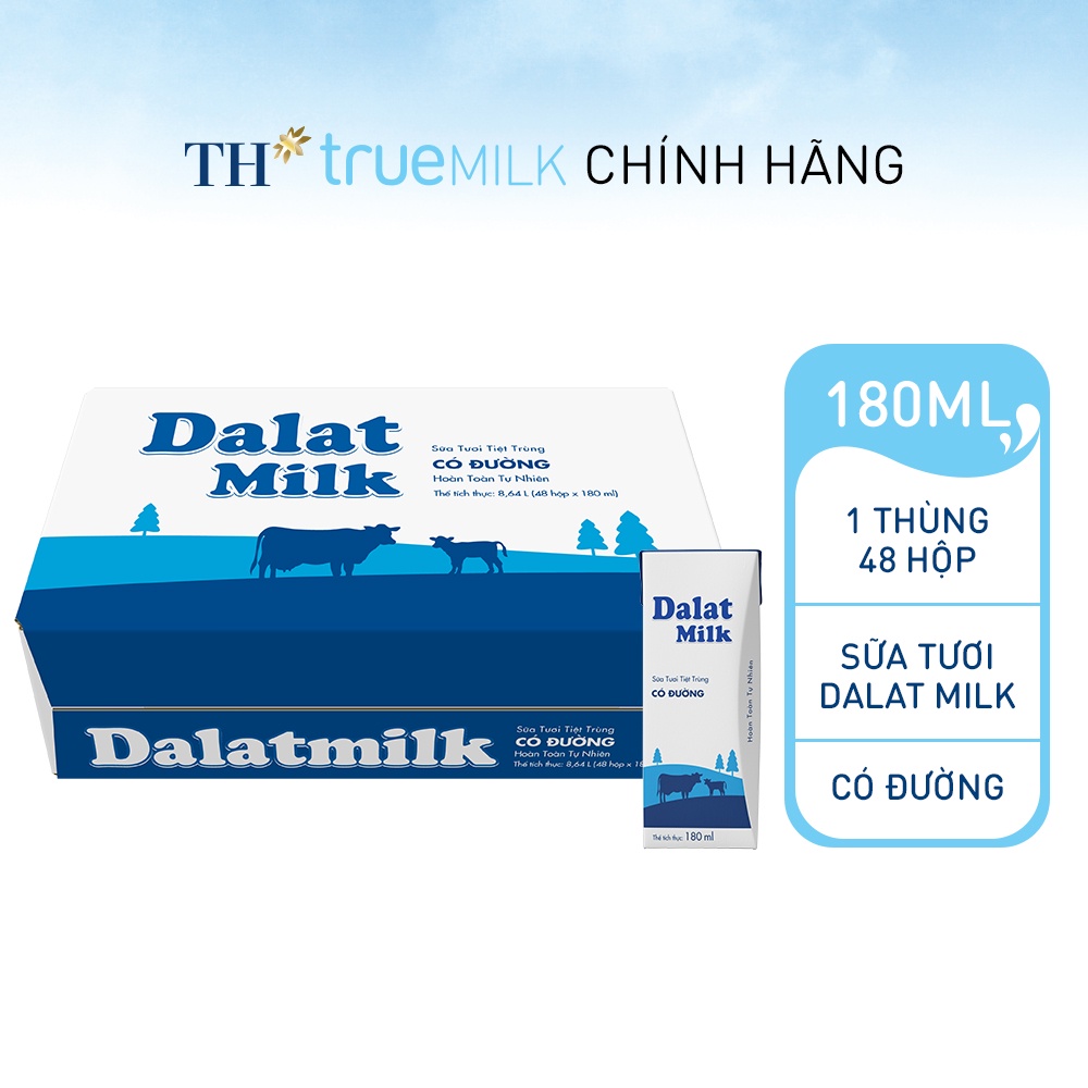 Thùng 48 hộp sữa tươi tiệt trùng có đường Dalatmilk 180ml (180ml x 48)