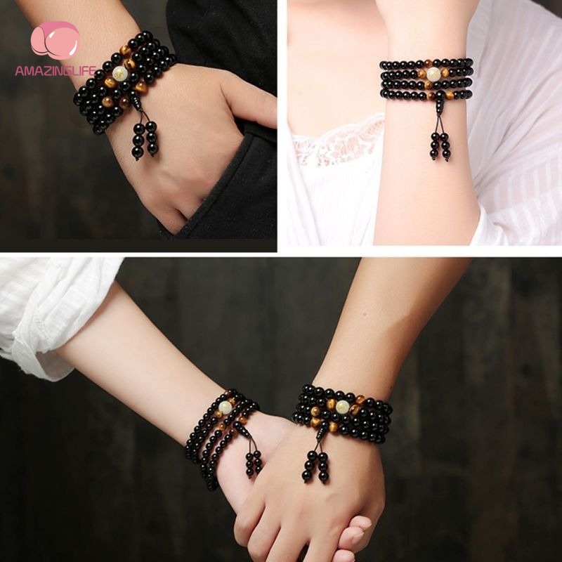 Vòng Tay Chuỗi Hạt Đá Đen Nhiều Lớp Đa Năng Phát Sáng Trong Đêm Phong Cách Cổ Điển Thời Trang Unisex