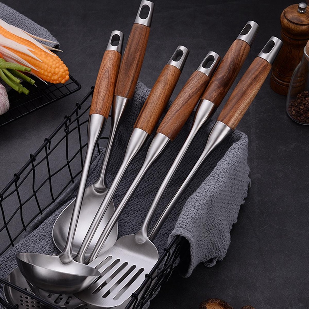 IVORY Bộ 7 Dụng Cụ Nấu Ăn Bằng Thép Không Gỉ Cán Gỗ Cách Nhiệt