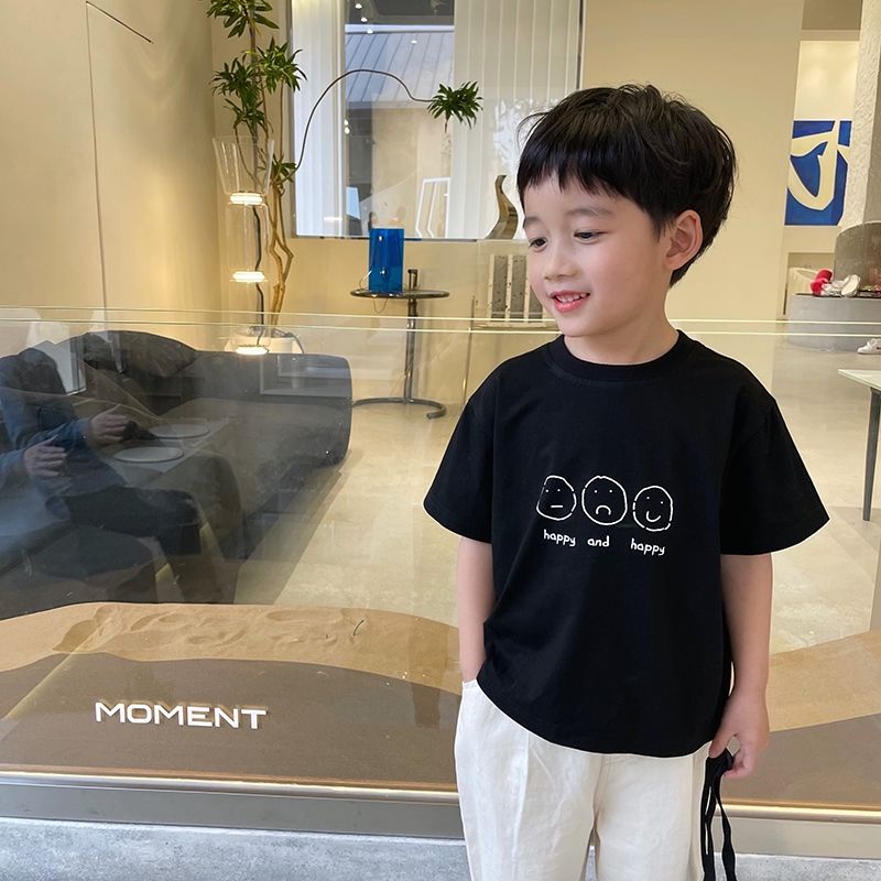 Áo Thun Cotton Ngắn Tay Cổ Tròn In Chữ Phong Cách Hàn Quốc Thời Trang Mùa Hè Cho Bé Trai