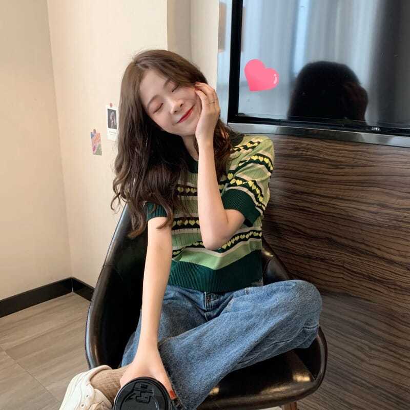 Áo Dệt Kim Ngắn Tay Dáng Rộng Xinh Xắn Cho Nữ Kiểu Hàn Quốc