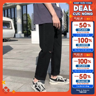 Quần jean baggy đen nam, nữ ống rộng rách gấu, dáng suông, không phai màu-R04