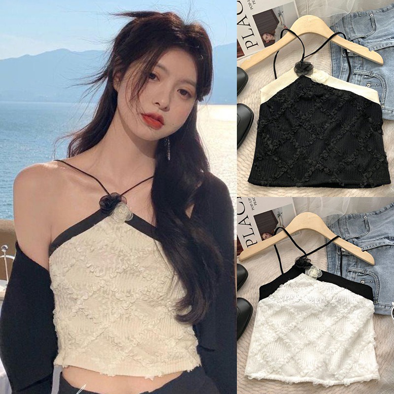 Áo Hai Dây Dệt Kim Màu Sắc Tương Phản Phong Cách Hàn Quốc Thời Trang Cho Nữ
