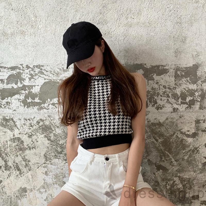 Áo Croptop Dệt Kim Cổ Tròn Không Tay In Chữ Cá Tính Cho Nữ