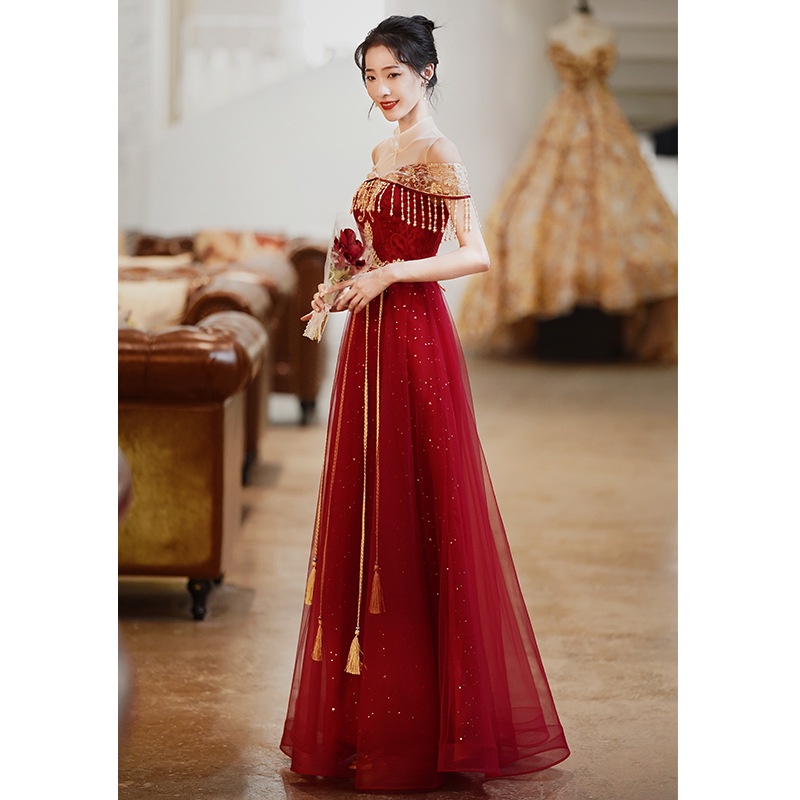 Đầm Dự Tiệc Dáng Dài Màu Đỏ Phong Cách Trung Hoa Mới