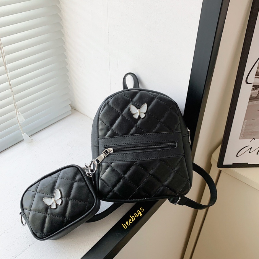 Balo Mini Họa Tiết Bướm Kèm Túi Nhỏ Xinh Xắn | BALO01 | Combo Balo Da Màu Hồng, Đen, Trắng Đi Chơi, Đi Học Và Cafe