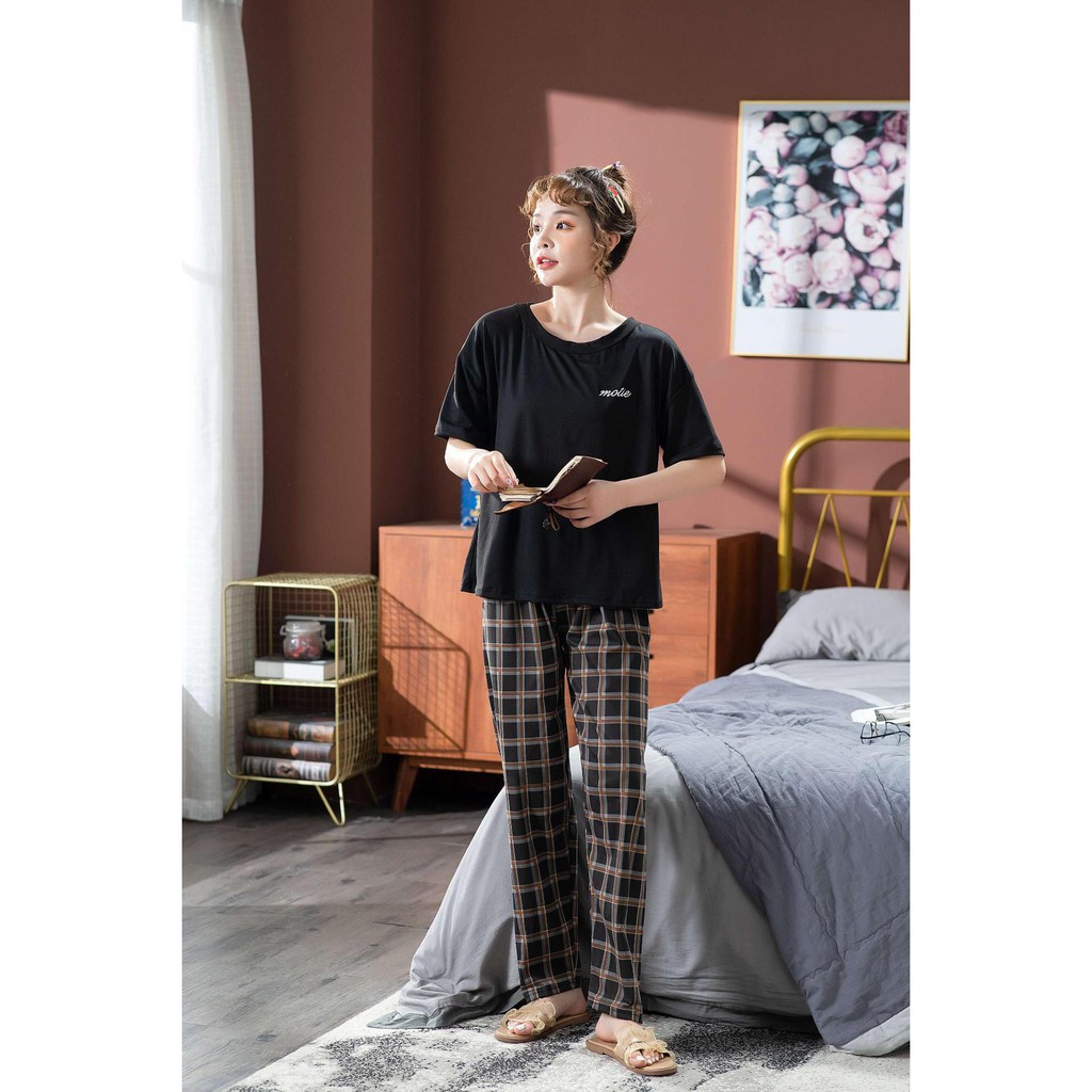 Bộ Ngủ, Set Mặc Nhà Cộc Dài Áo Trơn Quần Caro vải cotton thun sữa CDTT01