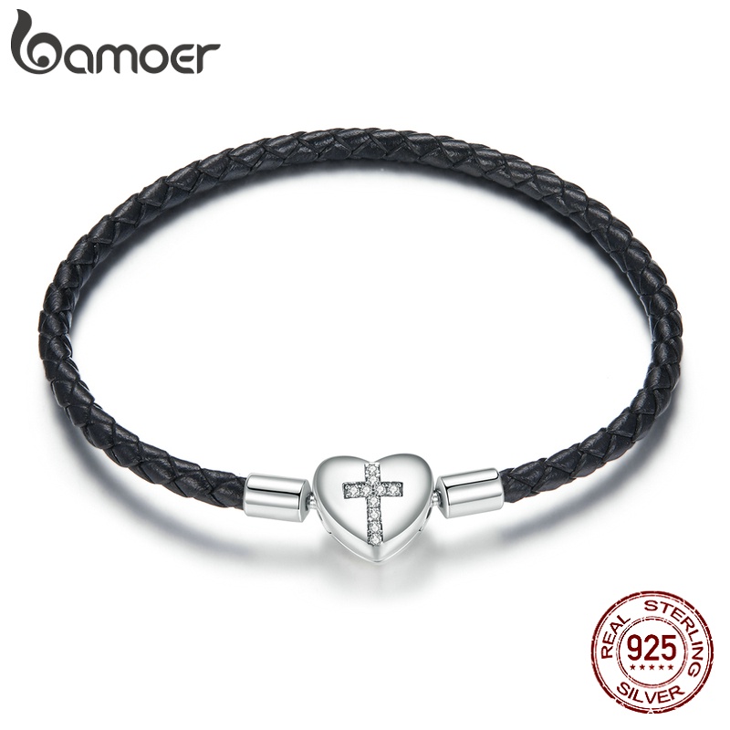 Vòng tay BAMOER SCB205 bằng da thật &amp; bạc thật 925 bạch kim mặt thánh giá khảm đá zircon thời trang cho nữ