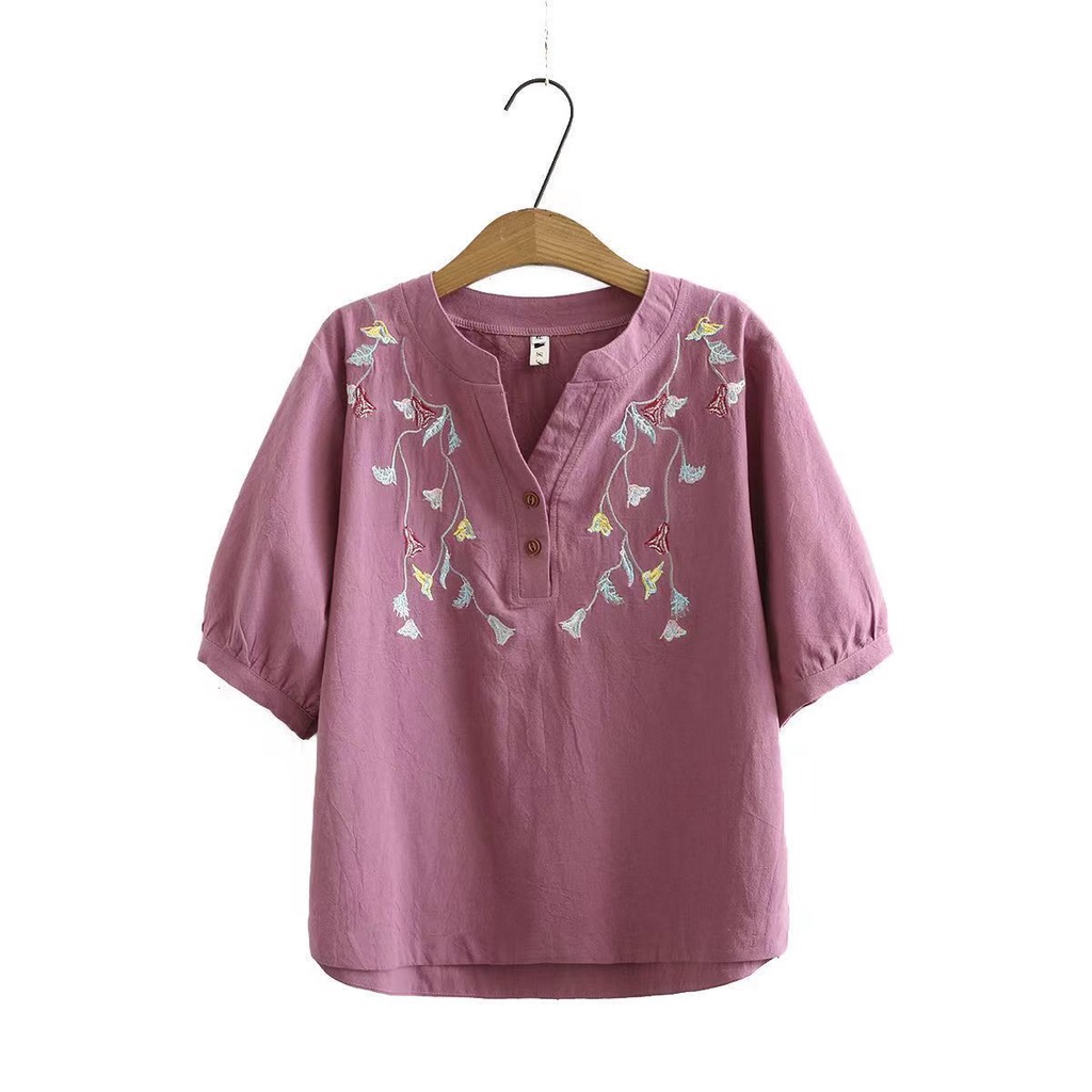 Áo Thun Cotton Lanh Tay Ngắn Cổ Chữ V Thêu Họa Tiết Thời Trang Mùa Hè 2022 Cho Nữ Trung Niên