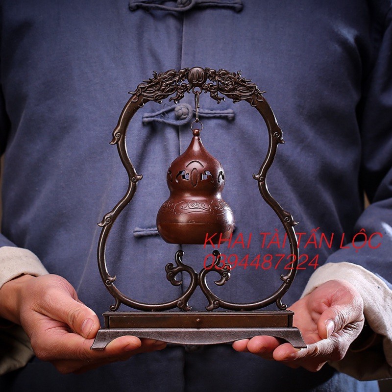 Lư xông trầm hồ lô treo song long tranh châu phong thủy bằng đồng