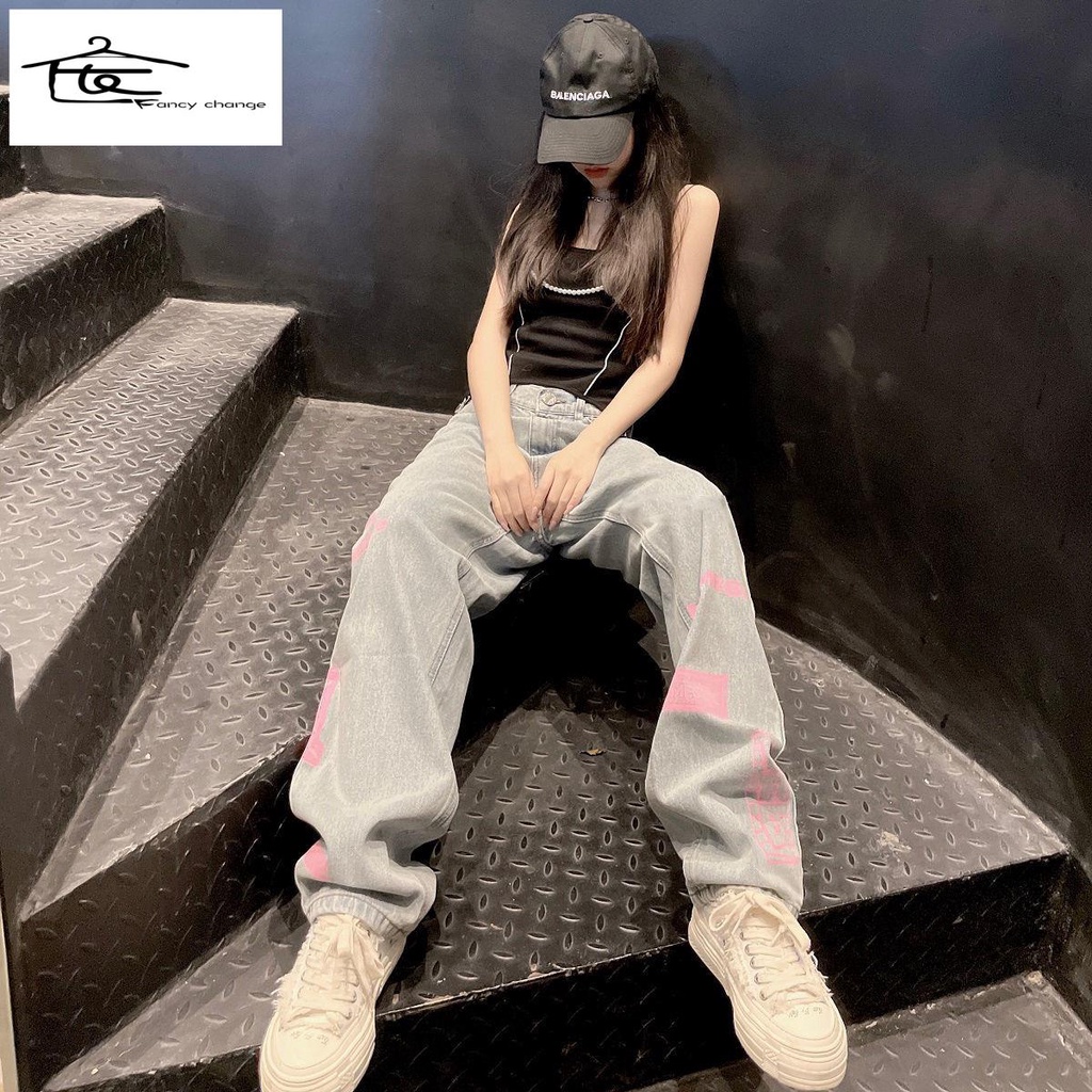 Quần Jean Dài Dáng Rộng In Họa Tiết Graffiti Kiểu Retro Đường Phố Cá Tính Cho Nữ