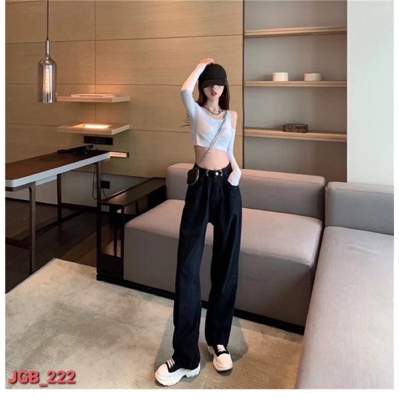 Quần jeans suông cotton cạp cao kèm khuy cài eo phom rộng dễ mặc